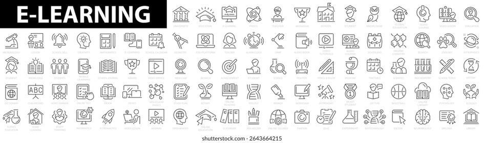 E-learning icon set. Online education icon set. Thin line icons set. Distance learning. Containing video tuition, e-learning, online course, audio course, educational website. Vector illustration