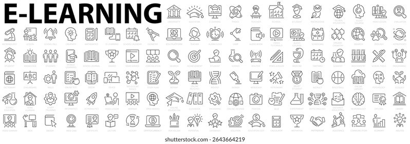 E-learning icon set. Online education icon set. Thin line icons set. Distance learning. Containing video tuition, e-learning, online course, audio course, educational website. Vector illustration