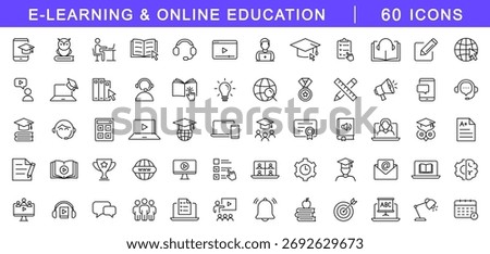 E-learning icon set. Online education icons in line style. Editable web icons for distance study, e-learning, online course, webinar, video tutorial, online lecture. Vector illustration.