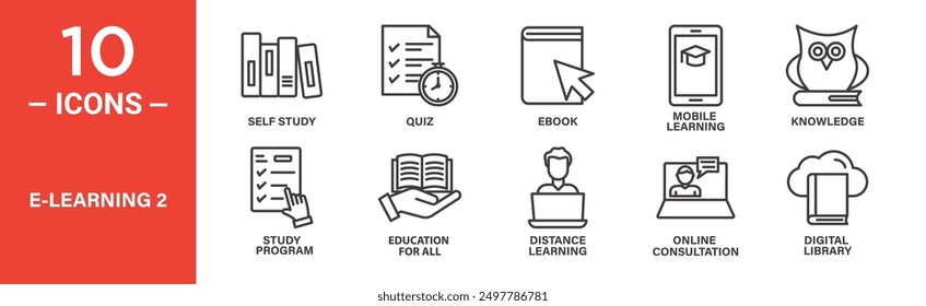 E-learning icon set. Self study, quiz, ebook, mobile learning, knowledge, icons. Outlined icon collection. Vector illustration.