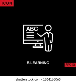 e-learning icon with teacher presentation online and monitor outline, line, lineal or linear on black background. Illustration for graphic, print media interfaces and web design.