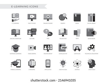 E-learning icon vector design. Elearning icons collection in black and white with books and device symbol for social media apps and educational elements. Vector illustration.  