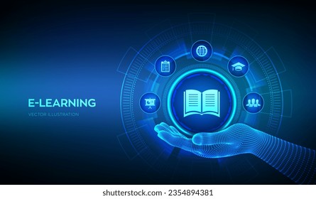 E-learning icon in wireframe hand. Innovative online education and internet technology concept. Webinar, teaching, online training courses. Skill development. Vector illustration.