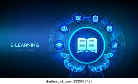 E-learning icon in wireframe hands. Innovative online education and internet technology concept. Webinar, teaching, online training courses. Skill development. Vector illustration.