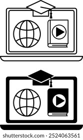 E-Learning Icons. Black and White Vector Icons. Laptop, Graduation Hat, World Wide Web, and Book with Play Sign. Distance Learning, Online School. Online Education Concept