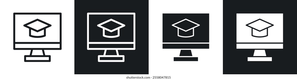 E-learning icons pack in black and white filled and outlined versions.