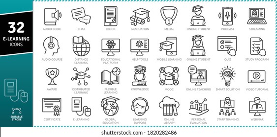 E-learning Icons Pack. Thin Line Icons Set. Distance Learning Collection Set. Simple Vector Icons