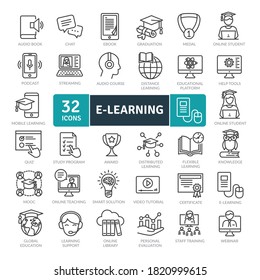 E-learning Icons Pack. Thin Line Icons Set. Distance Learning Collection Set. Simple Vector Icons