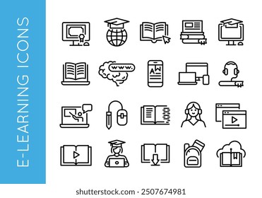 E-learning icons. Set of 20 trendy minimal icons representing various aspects of online education and digital learning. Laptop and books, graduation cap, online classroom icon. Vector illustration.