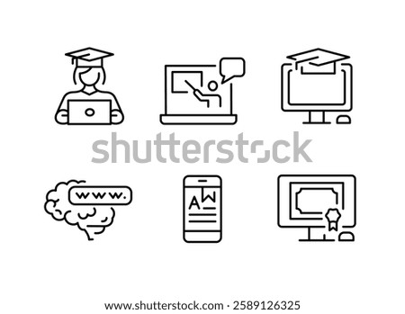E-learning icons. Set of 6 trendy minimal icons representing various aspects of online education and digital learning. Laptop and books, graduation cap, online classroom icon. Vector illustration.