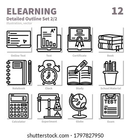 Elearning icons set, Detailed Outline, vector and illustration set 2