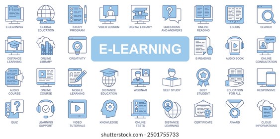 Iconos de e-learning establecidos en diseño de trazo de contorno duotono para el Web. Video Pack de pictogramas de educación global, programa de estudio, lección, Biblioteca, lectura en línea, ebook, webinar, otros. Ilustración vectorial.