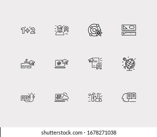 Set für E-Learning-Symbole. Geografie- und E-Learning-Symbole mit Fernlehre, Astrophysik und Linealen. Set von Modell für Web-App Logo UI-Design.