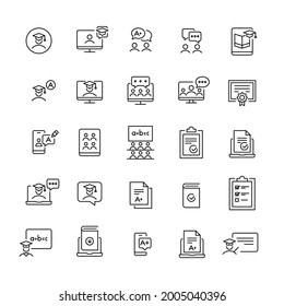 E-learning icons set. Graduation, diploma, online school, good grades. Pixel perfect, editable stroke.