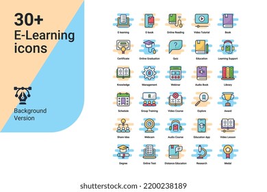 E-Learning icons set. icons include search, translator, growth, lecture, study, tools, library, eBook, homework, with elements for mobile concepts and web apps.