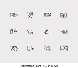 Elearning icons set. Informatics and elearning icons with exam paper, organic chemistry and zoology. Set of write for web app logo UI design.