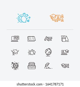 Elearning icons set. Online education and elearning icons with graduation hat, online reading and online course. Set of model for web app logo UI design.