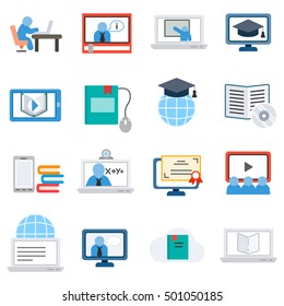 ELearning, Icons Set. Remote Study, Flat Design. Training On The Internet, Isolated Vector Illustration. Webinar And Online Lectures, Symbols Collection.