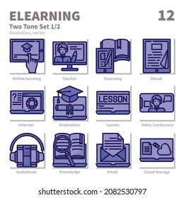 Juego de iconos de aprendizaje, conjunto de dos tonos, vector e ilustración 