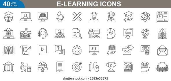 E-learning icons set. Vector illustration for online education, digital learning platforms, virtual classrooms, distance learning, web based training, mobile education apps and more.