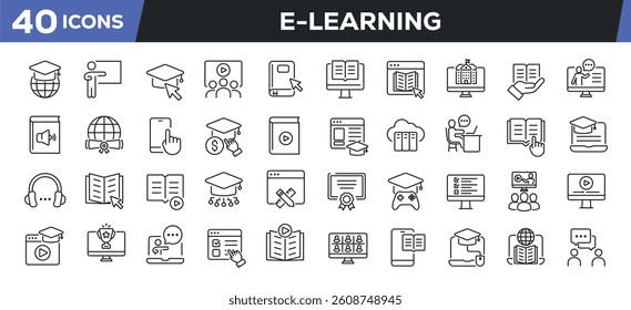 E-learning icons set. Web line icons collection related education, webinar, online school. Perfect pixel vector illustration isolated on white background.