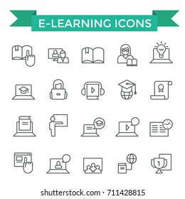 E-learning icons, thin line, flat design