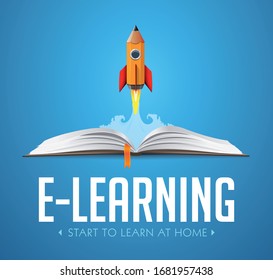 Elearning idea - stay at home and learn without going to school - Rocket launching from book - education concept