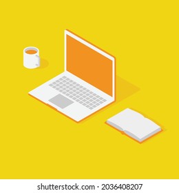 E-learning illustration. laptop, book and coffee Illustration.
