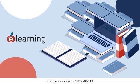 E-Learning Illustration. Laptop And Books Lying On Student's Desk On Blue Background. Vector, Panorama