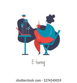 E-Learning. Illustration of a man being homework online learning. Online courses.
