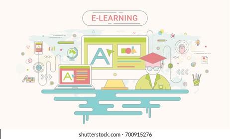 E-learning info graphic. Computer and on line education icons on world map background created by the vector. Flat line style in soft color tone.