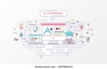 E-learning infographic concept. Computer and online education icons on world map background created by the vector. Flat line style in soft color tone.