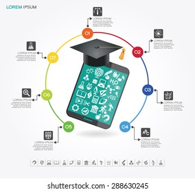 e-learning infographic Template. Concept online education. Academic cap and tablet surrounded by icons of education, text.