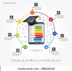e-learning infographic Template. Concept online education. Academic cap and tablet surrounded by icons of education, text. 