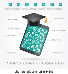 e-learning infographic Template. Concept online education. Academic cap and tablet surrounded by icons of education, text. 