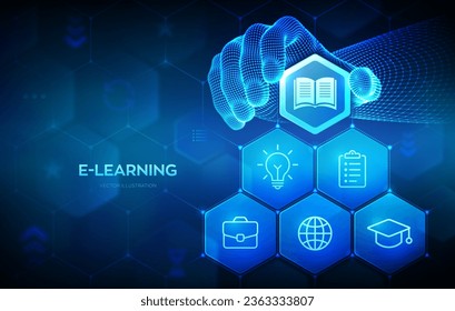 E-learning. Innovative online education concept. Webinar, teaching, online training courses. Skill development. Wireframe hand places an element into a composition visualizing Learning. Vector.