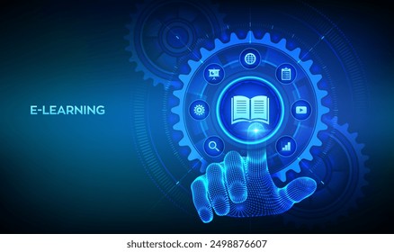 E-learning. Innovative online education concept. Webinar, teaching, online training courses. Skill development. Wireframe hand touching digital interface with connected gears cogs and icons. Vector.