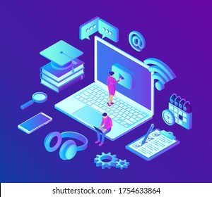 E-learning. Innovative online education and distance learning concept. Webinar, seminar, conference, teaching, online training courses. Skill development. 3D isometric vector with icons and characters