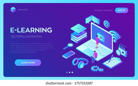 E-learning. Concepto innovador de educación en línea y aprendizaje a distancia. Seminario web, seminario, conferencia, enseñanza, cursos de formación en línea. Desarrollo de habilidades. Vector isométrico 3D con iconos y caracteres