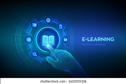 E-learning. Innovative online education and internet technology concept. Webinar, teaching, online training courses.  Vector illustration.