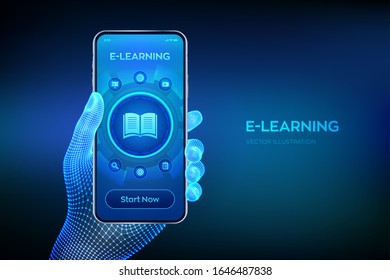 E-learning. Innovative online education and internet technology concept. Webinar, teaching, online training courses. Skill development. Closeup smartphone in wireframe hand. Vector illustration.