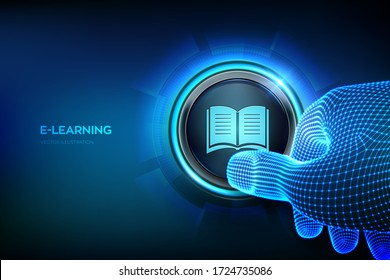 E-learning. Innovative online education and internet technology concept. Closeup finger about to press a button. Webinar, teaching, online training courses. Skill development. Vector illustration.