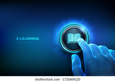 E-learning. Innovative online education and internet technology concept. Closeup finger about to press a button. Webinar, teaching, online training courses. Skill development. Vector illustration.