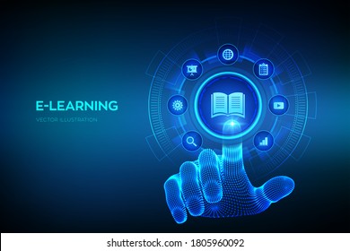 E-learning. Innovative online education and internet technology concept. Webinar, teaching, online training courses. Skill development. Wireframe hand touching digital interface. Vector illustration. - Shutterstock ID 1805960092