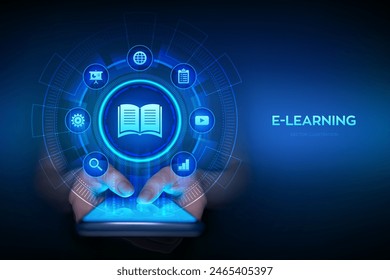 E-learning. Innovative online education and internet technology concept. Webinar, teaching, online training courses. Skill development. Smartphone in hands. Using smartphone. Vector illustration.