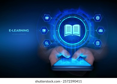 E-learning. Innovative online education and internet technology concept. Webinar, teaching, online training courses. Skill development. Smartphone in hands. Using smartphone. Vector illustration.