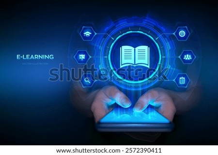 E-learning. Innovative online education and internet technology concept. Webinar, teaching, online training courses. Skill development. Smartphone in hands. Using smartphone. Vector illustration.