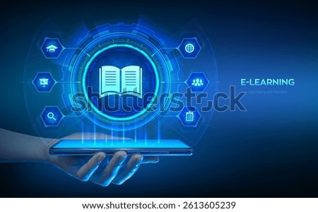 E-learning. Innovative online education and internet technology concept. Webinar, teaching, online training courses. Skill development. Smartphone in hand. Using smartphone. Vector illustration.