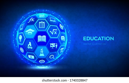 E-learning. Innovative online education technology concept. Webinar, teaching, online training courses. Skill development. Abstract 3D sphere or globe with surface of hexagons with icons. Vector.