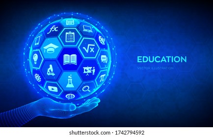 E-learning. Innovative online education technology concept. Webinar, teaching, online training courses. Skill development. Abstract 3D sphere with surface of hexagons with icons in hand. Vector.
